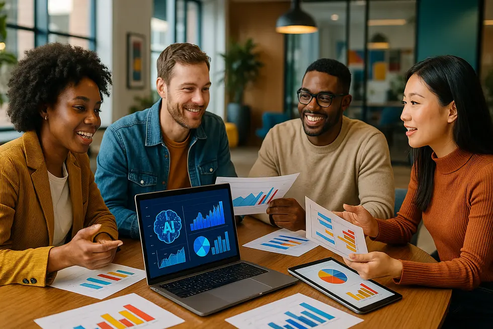 Business-Profis betrachten ein interaktives Dashboard zur Analyse von Zielgruppen.