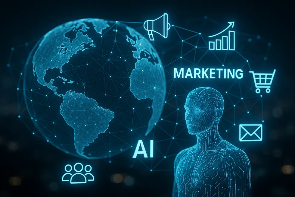 Laptop mit KI-Interface, das Marketingmaterialien erstellt