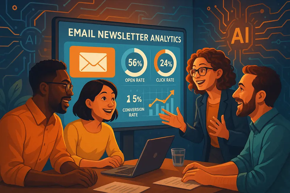 Mehrere Menschen, die personalisierte Newsletter auf Smartphones und Computern lesen.
