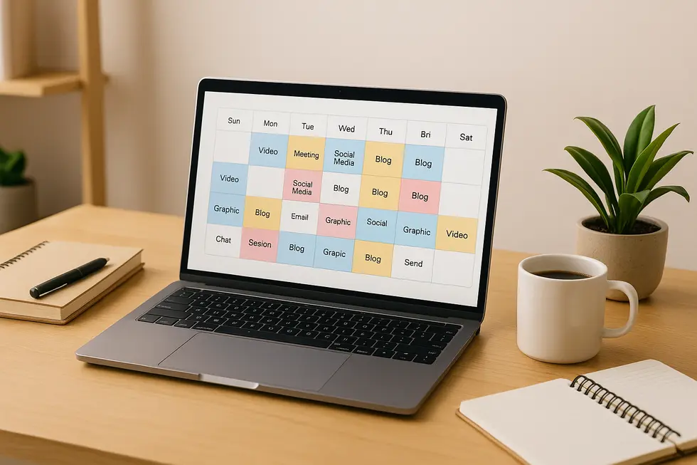 Digitaler Redaktionsplan auf einem Laptop mit Kalender im Hintergrund.