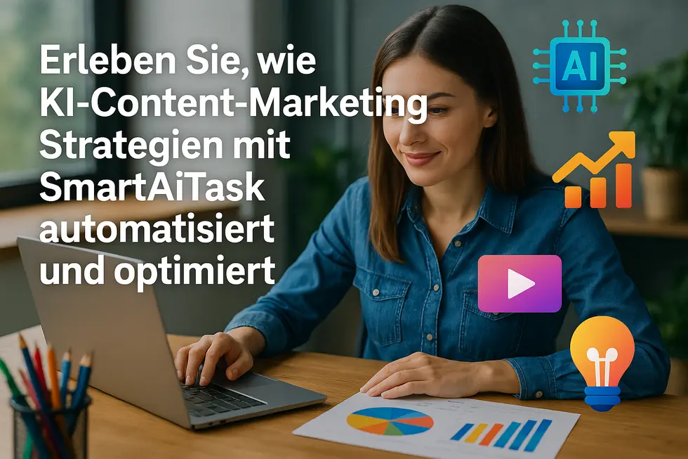 Ein digitales Terminal zeigt verschiedene Marketing-Dashboards in futuristischem Ambiente.