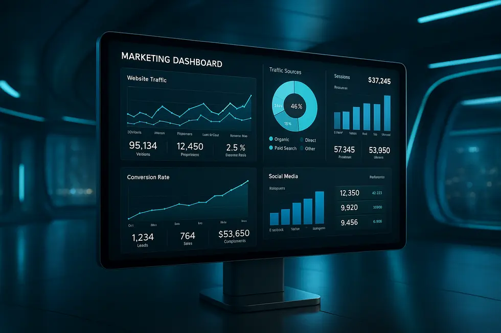 Digitales Terminal mit Marketing-Dashboards in futuristischer Umgebung.