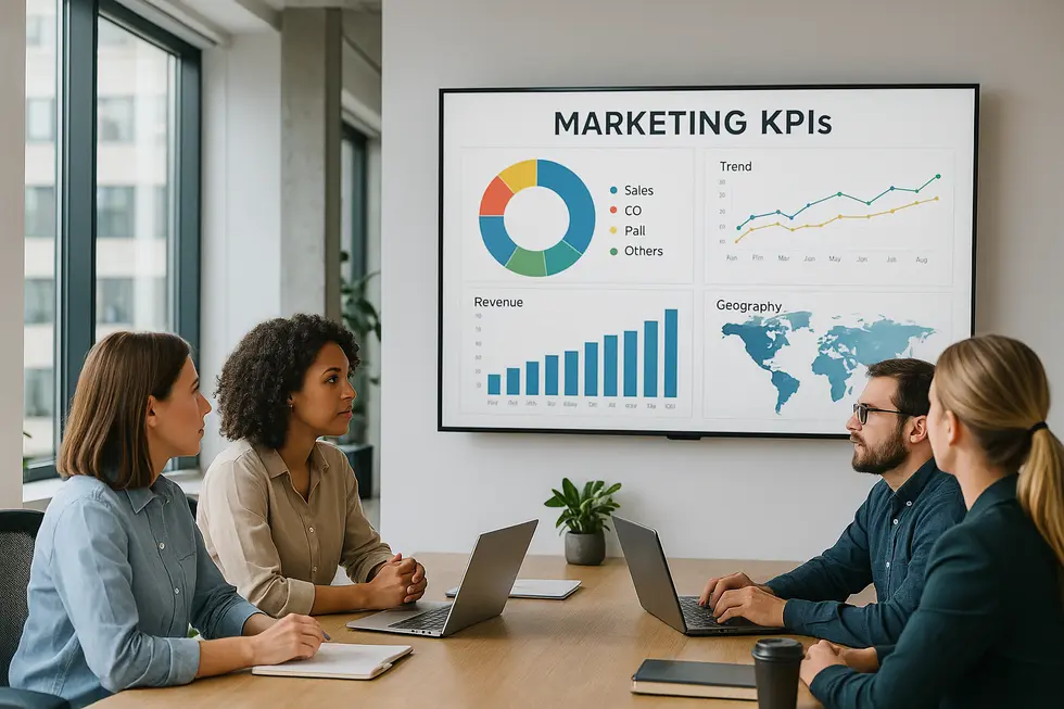 Marketingteam analysiert KPIs mit KI-Unterstützung.