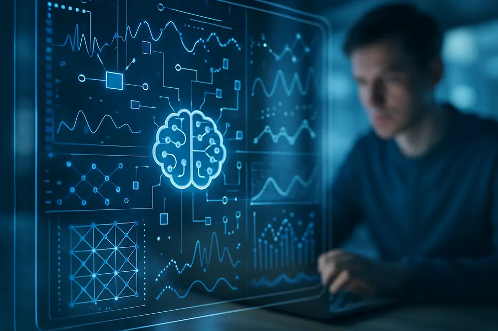 Illustration eines digitalen Ökosystems mit KI-gestützter Inhaltbewertung.