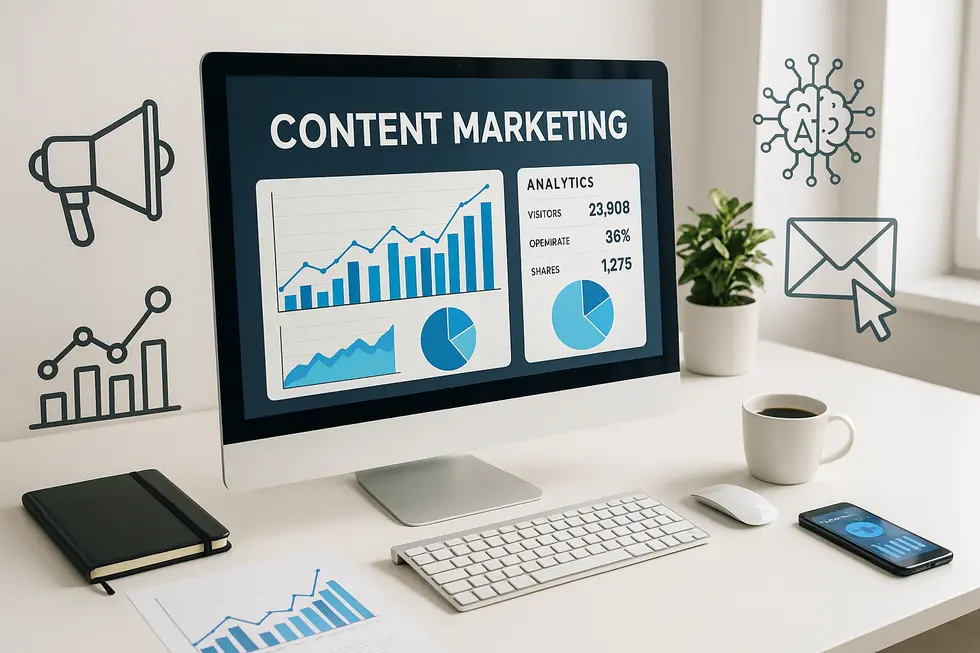 Ein Marketingmanager analysiert KI-generierte Content-Daten auf einem Bildschirm.