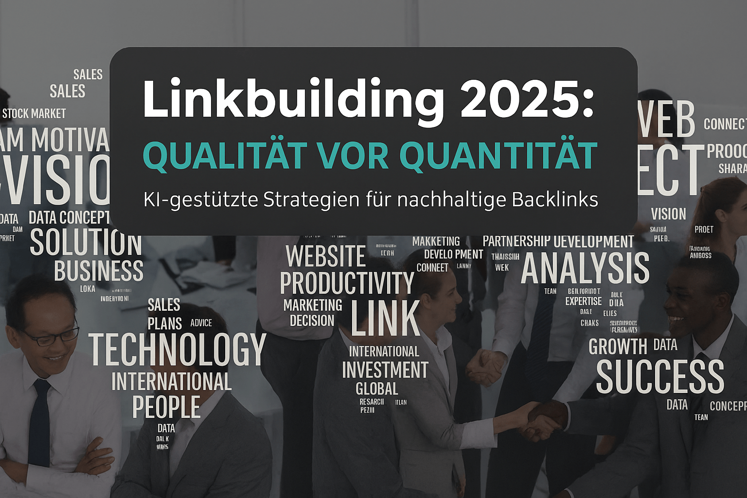 Titelgrafik für Linkbuilding 2025 mit dem Fokus auf Qualität, angezeigt durch Schlagwörter wie "KI-gestützte Strategien" und "nachhaltige Backlinks", umgeben von einem geschäftlichen Kontext.