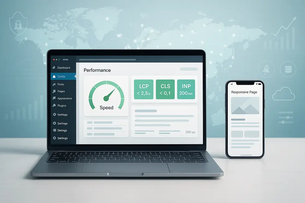 Dashboard einer WordPress-Website zeigt Performance-Metriken wie LCP, CLS und INP auf einem Laptop und Smartphone, um die technische Optimierung und Benutzererfahrung zu veranschaulichen.