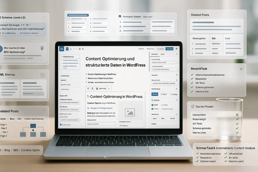 Laptop mit WordPress Block-Editor zeigt Inhalte zur Content-Optimierung und strukturierten Daten, einschließlich Übersicht zu SEO-Tools, verwandten Beiträgen, und Automatisierung durch SmartAiTask. Hinweise auf Fehlermeldungen, interne Links und Schema-Integration erkennbar.