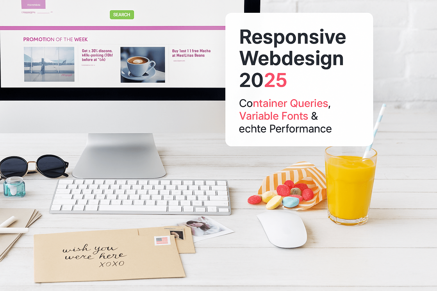 Arbeitsplatz mit Computer, Tastatur und Mouse, umgeben von Büromaterialien, Sonnenbrille und einem Glas Saft, dargestellt im Kontext von Responsive Webdesign 2025, hervorgehobene Begriffe wie Container Queries, Variable Fonts und Performance.