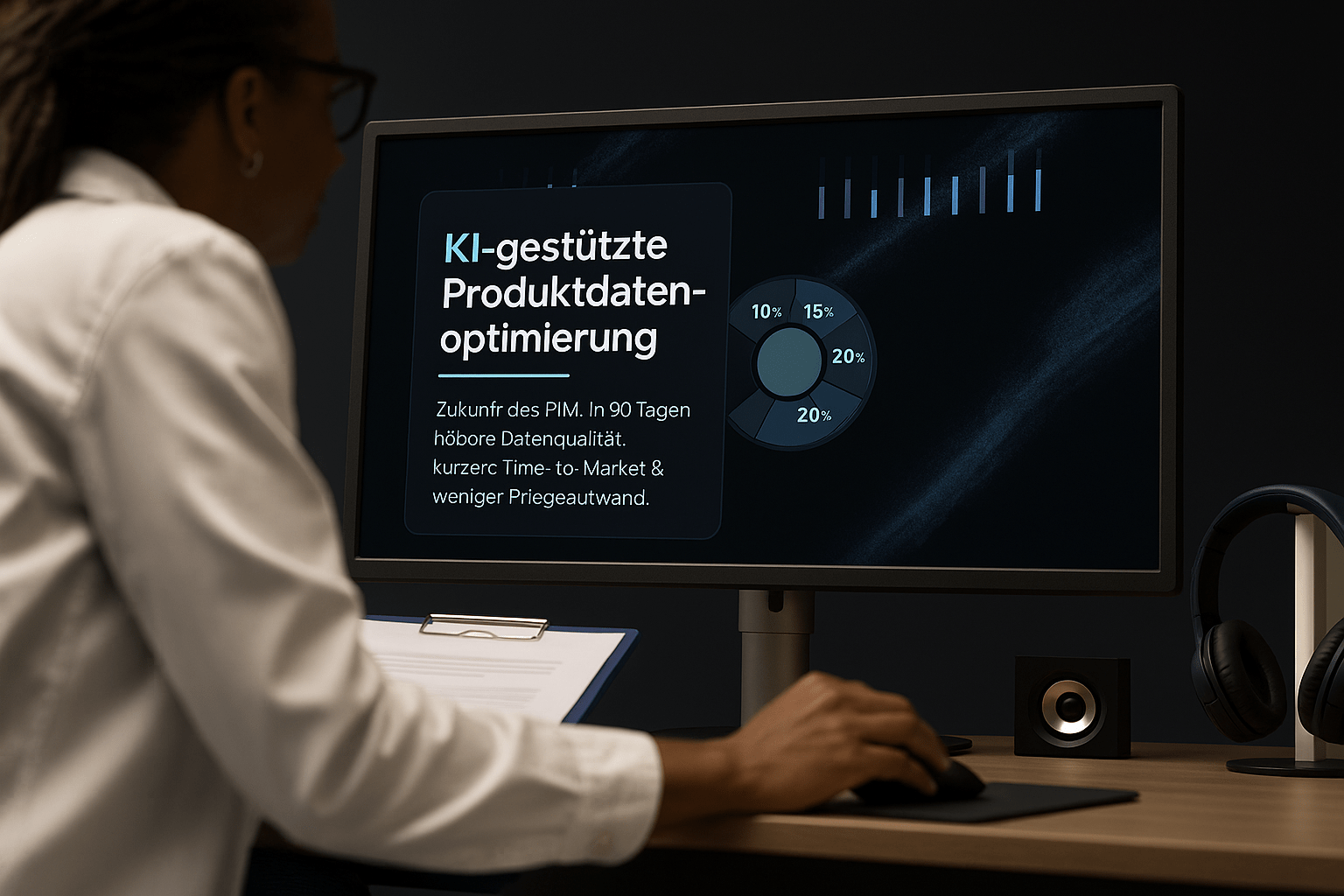 Eine Person betrachtet auf einem Computerbildschirm Inhalte zur KI-gestützten Produktdatenoptimierung. Der Bildschirm zeigt Grafiken und Texte über die Vorteile der Produktinformationsmanagement-Strategie (PIM), die in 90 Tagen höhere Datenqualität und kürzere Markteinführungszeiten verspricht. Daneben sind ein Block und ein Mauspad auf einem Tisch zu sehen, sowie Kopfhörer und ein Lautsprecher im Hintergrund.