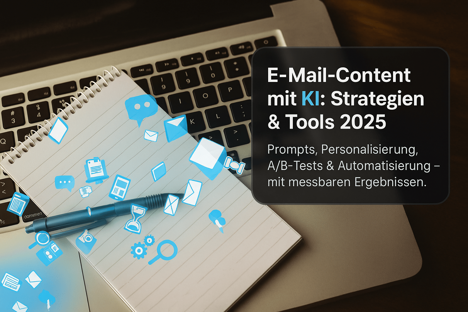 Notizblock mit Stift auf einem Laptop, umgeben von verschiedenen E-Mail- und Kommunikationssymbolen, dargestellt in einem modernen, digitalen Stil, mit dem Titel "E-Mail-Content mit KI: Strategien & Tools 2025".