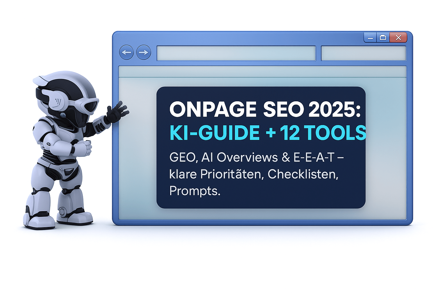 Robot mit interaktivem Bildschirm zeigt OnPage SEO 2025 Guide und 12 KI-Tools, inklusive GEO, AI Overviews und E-E-A-T prioritäten sowie Checklisten und Prompts.