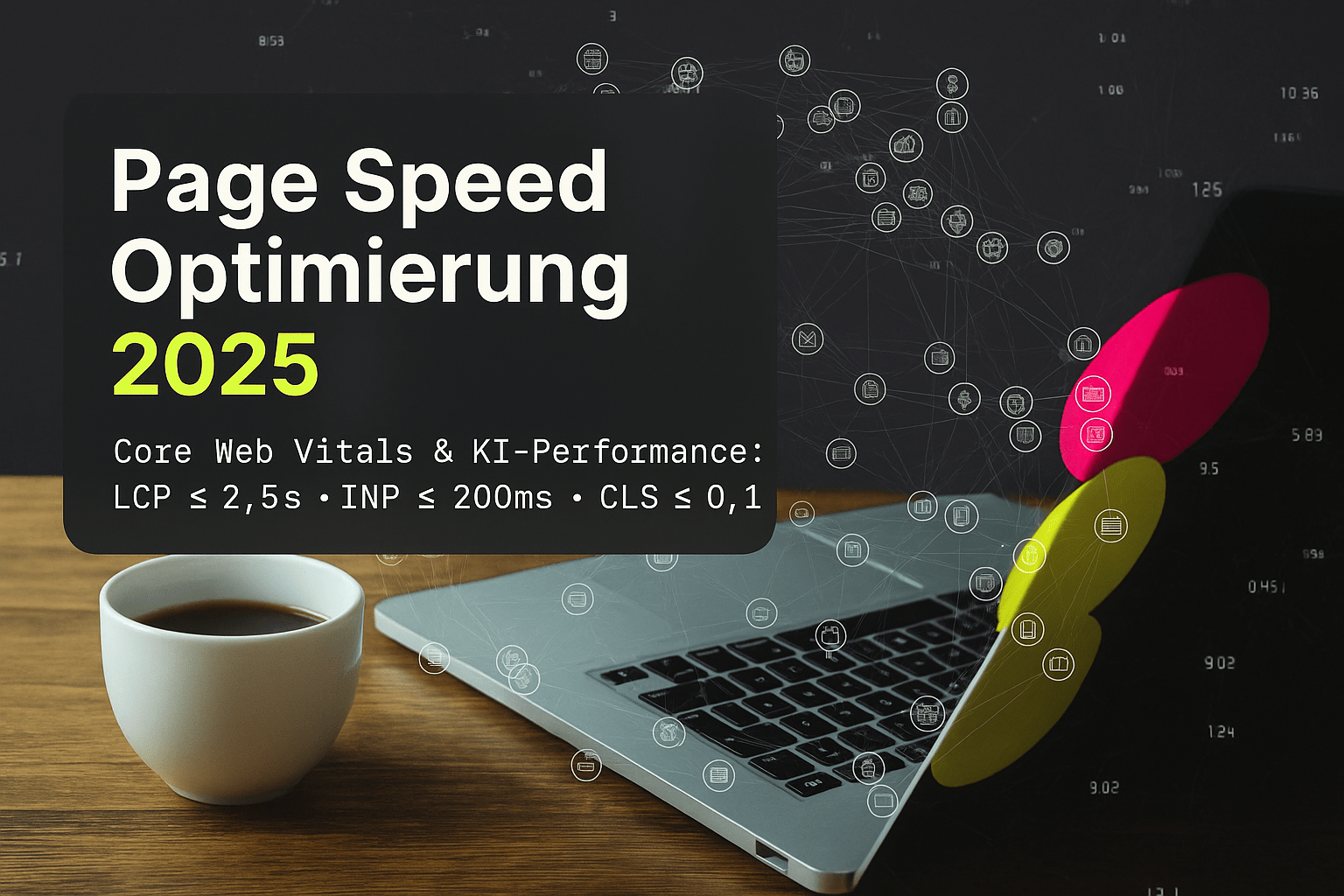 Textgrafik zur Page Speed Optimierung 2025 mit Fokus auf Core Web Vitals, Laptop und Kaffeetasse im Vordergrund.
