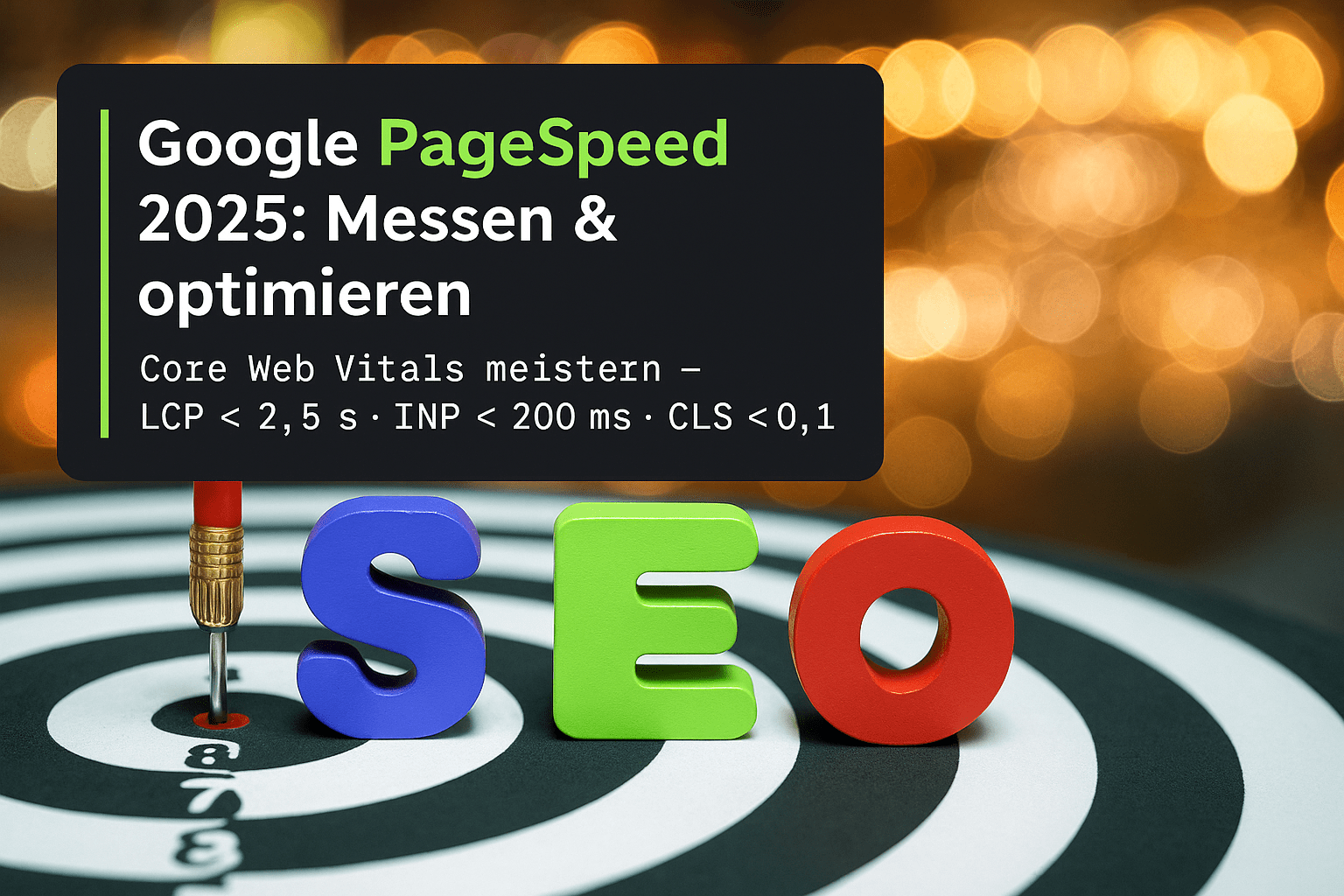 Darstellung einer Zielscheibe mit der Aufschrift "Google PageSpeed 2025: Messen & optimieren", und bunten Buchstaben "SEO", die auf die Zielscheibe gerichtet sind, um die Bedeutung von Webgeschwindigkeit und Core Web Vitals zu illustrieren.