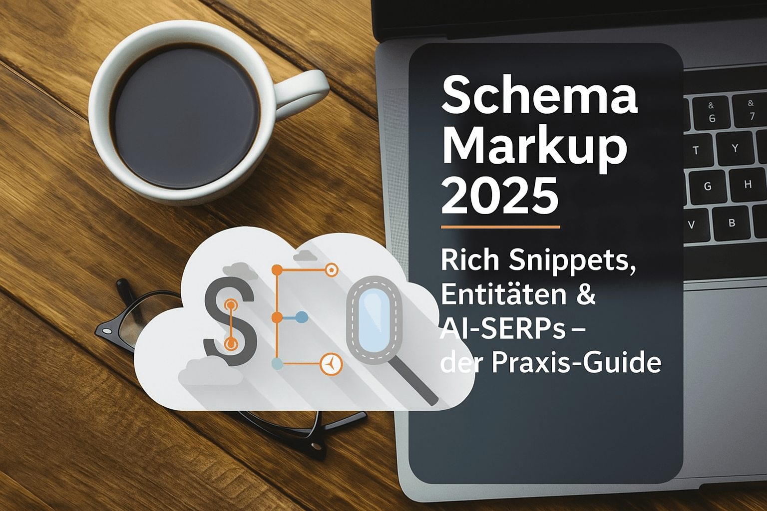 Tasse Kaffee neben einer Laptop-Tastatur mit dem Titel "Schema Markup 2025: Rich Snippets, Entitäten & AI-SERPs – der Praxis-Guide" auf einem Holzfußboden.