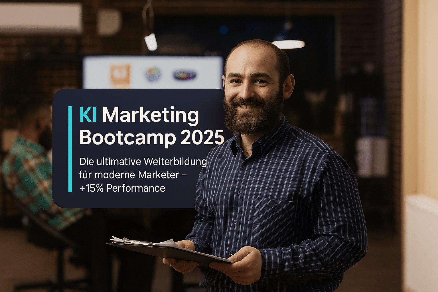 Ein lächelnder Mann hält eine Mappe in einer modernen Büroumgebung, während er vor einem Bildschirm mit Informationen über das KI Marketing Bootcamp 2025 steht, das eine Weiterbildung für moderne Marketer anbietet und eine Leistungssteigerung von 15% verspricht.