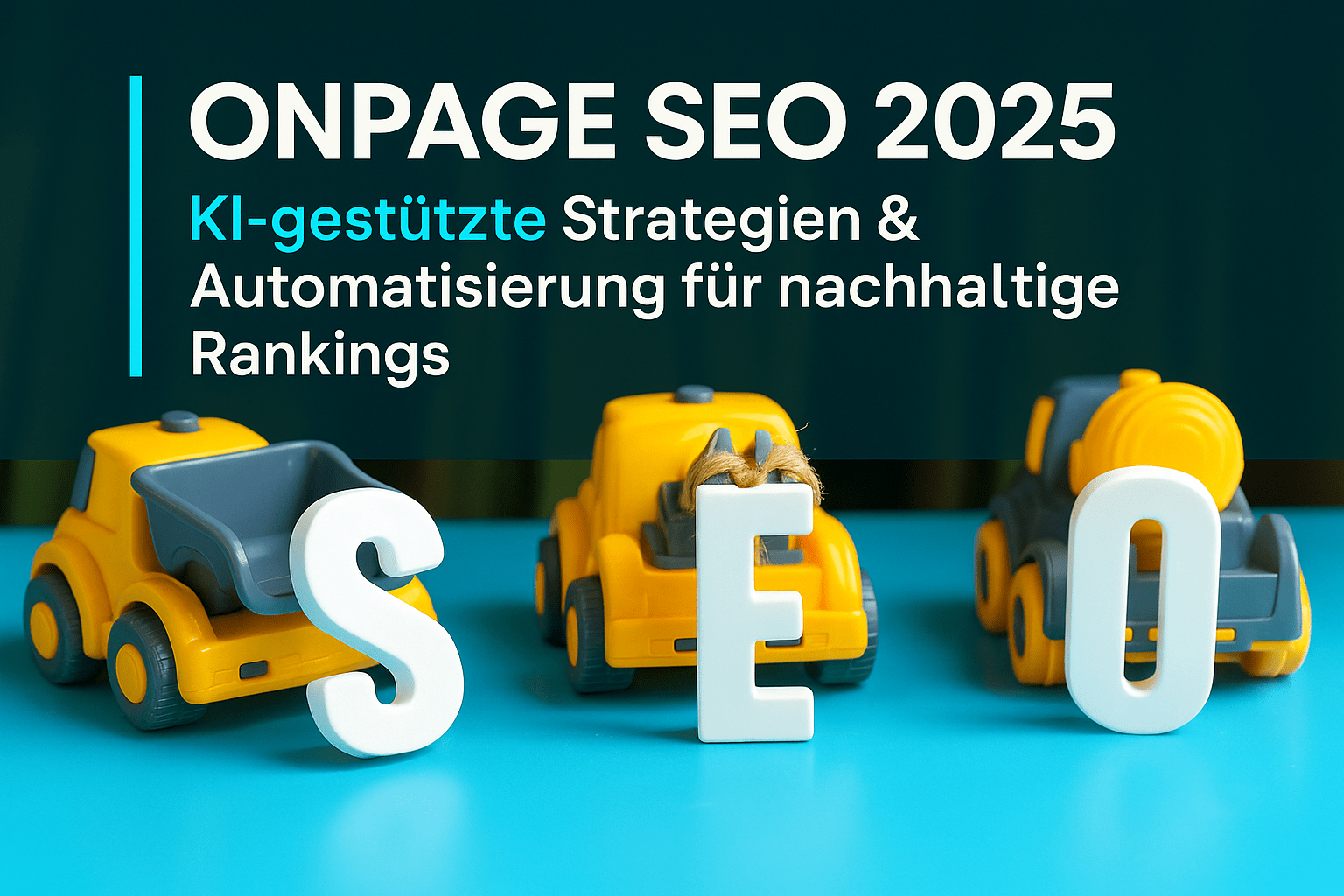 Spielzeugautos mit den Buchstaben S, E und O auf einem blauen Tisch, thematisiert Onpage SEO 2025 mit KI-gestützten Strategien.
