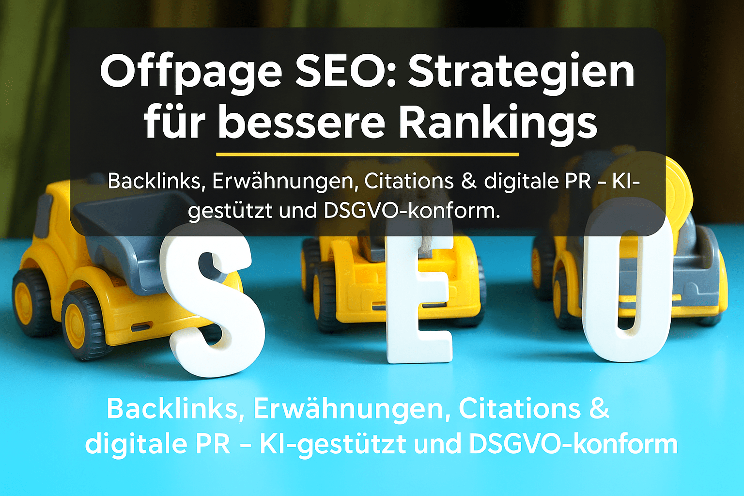Grafische Darstellung zum Thema Offpage SEO mit dem Titel "Offpage SEO: Strategien für bessere Rankings" und dem Fokus auf Backlinks, Erwähnungen, Citations und digitale PR, umgeben von Spielzeugfahrzeugen.