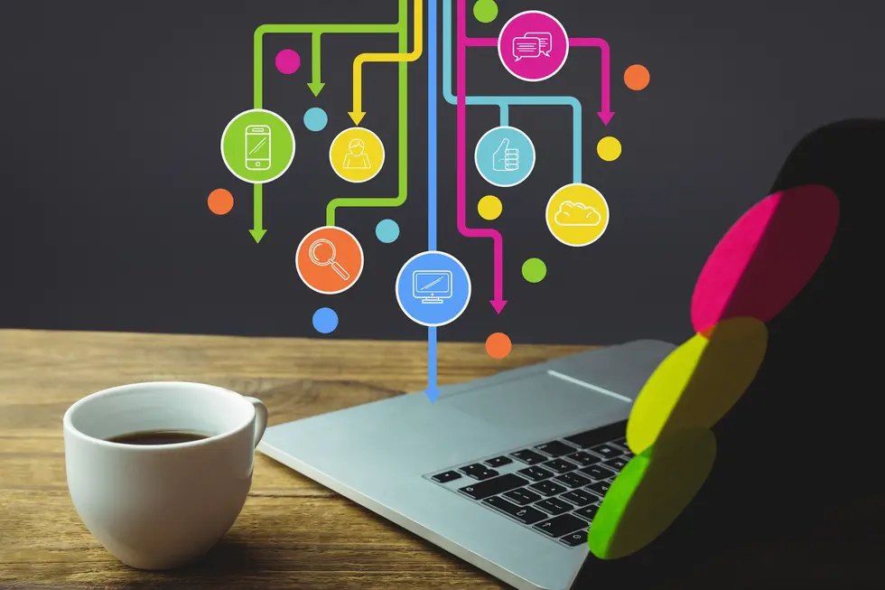 Ein moderner Arbeitsplatz mit einem offenen Laptop auf einem Holzschreibtisch, daneben eine Tasse Kaffee. Über dem Laptop sind farbige Icons angeordnet, die verschiedene digitale Kommunikationselemente und Technologien darstellen, darunter Smartphones, Suchfunktionen, Cloud-Dienste und Nutzerinteraktionen. Diese Darstellung symbolisiert den Einsatz von KI-gestützten Prozessen im Linkaufbau und digitalen PR, indem sie den Fluss von Informationen und Ideen visualisiert.