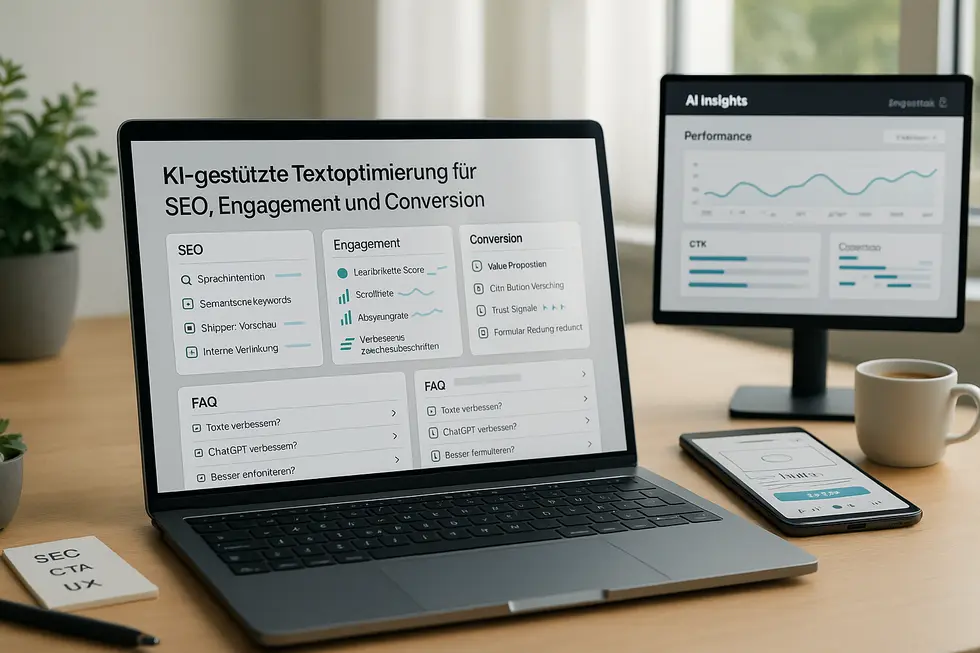 Marketing-Dashboard auf Laptop mit KI-gestützter Textoptimierung für SEO, Engagement und Conversion, daneben Smartphone mit Dashboard-Ansicht und Kaffeetasse in modernem Büro.