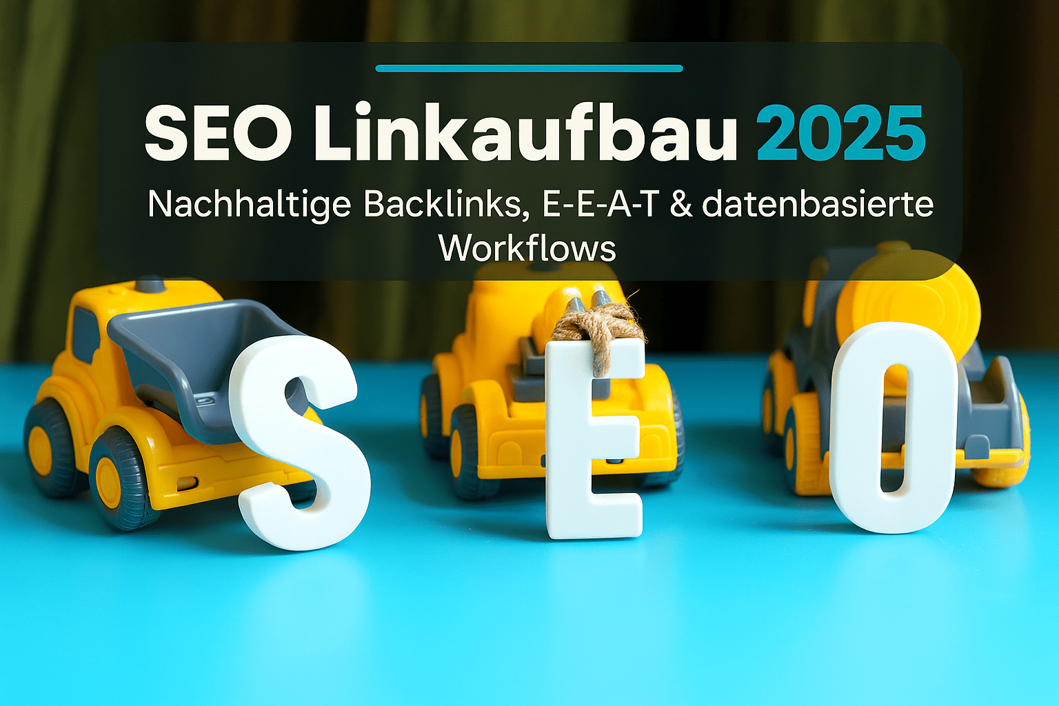 SEO Linkaufbau 2025: Buchstaben "S", "E" und "O" auf einer blauen Oberfläche, umgeben von gelben Spielzeuglastwagen, die symbolisch für nachhaltige Backlink-Strategien stehen.