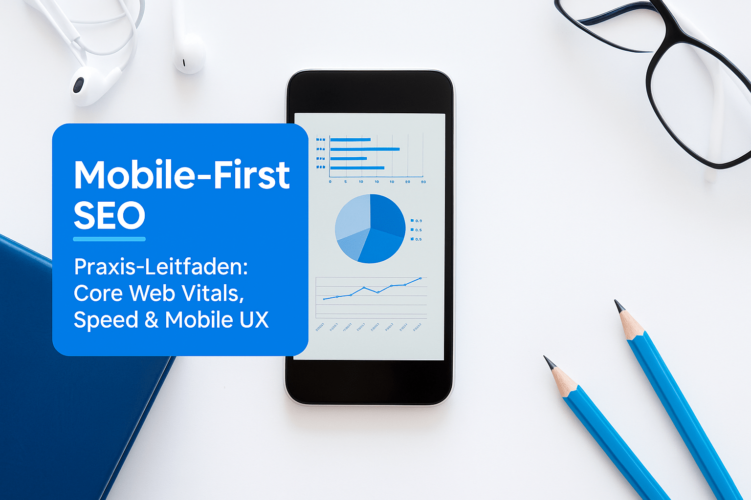 Mobile-First SEO Leitfaden auf Smartphone mit Diagrammen und Grafiken für Core Web Vitals, Ladegeschwindigkeit und Nutzererfahrung, um die mobile Sichtbarkeit zu optimieren.
