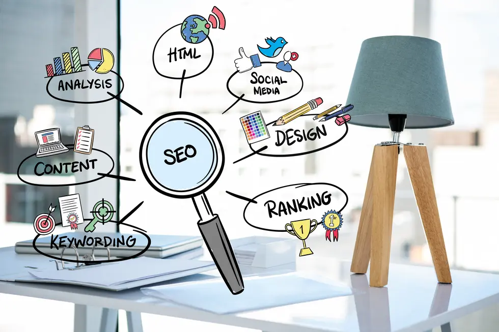 Grafik, die verschiedene Aspekte von SEO (Suchmaschinenoptimierung) visualisiert, einschließlich Analyse, Content, Keywording, HTML, Design, Social Media und Ranking. In der Mitte befindet sich ein Vergrößerungsglas, das auf SEO fokussiert. Im Hintergrund ist ein Tisch mit Unterlagen und einer Lampe sichtbar, die eine moderne Büroatmosphäre schafft.