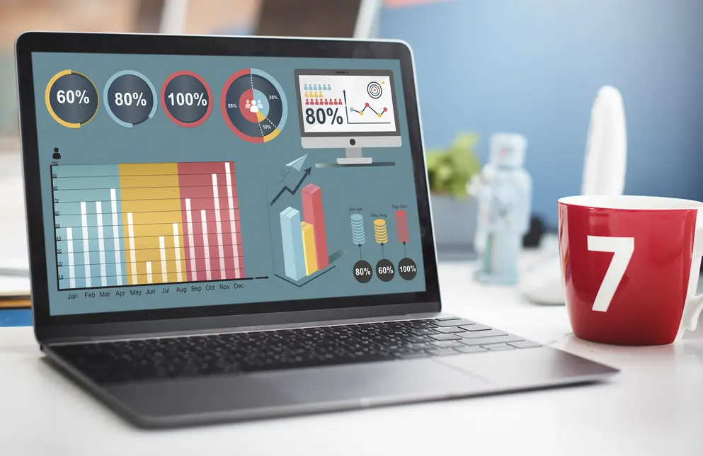 Moderne SEO-Dashboard-Analyse auf einem Laptop zeigt Farbgrafiken und Diagramme, darunter Balkendiagramme, Prozentwerte und Statistiken zur Leistungsbewertung über verschiedene Monate. Ein roter Kaffeebecher mit der Zahl 7 steht neben dem Laptop, auf einem minimalistischen Tisch mit unscharfem Hintergrund.