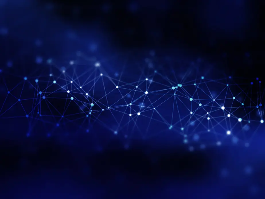 Vernetztes digitales Netzwerk mit Verbindungslinien auf einem dunklen Hintergrund, das die Verbindung und Interaktion zwischen verschiedenen Datenpunkten symbolisiert. Ideal für Themen wie digitale Kommunikation, Technologie oder Datenanalyse.