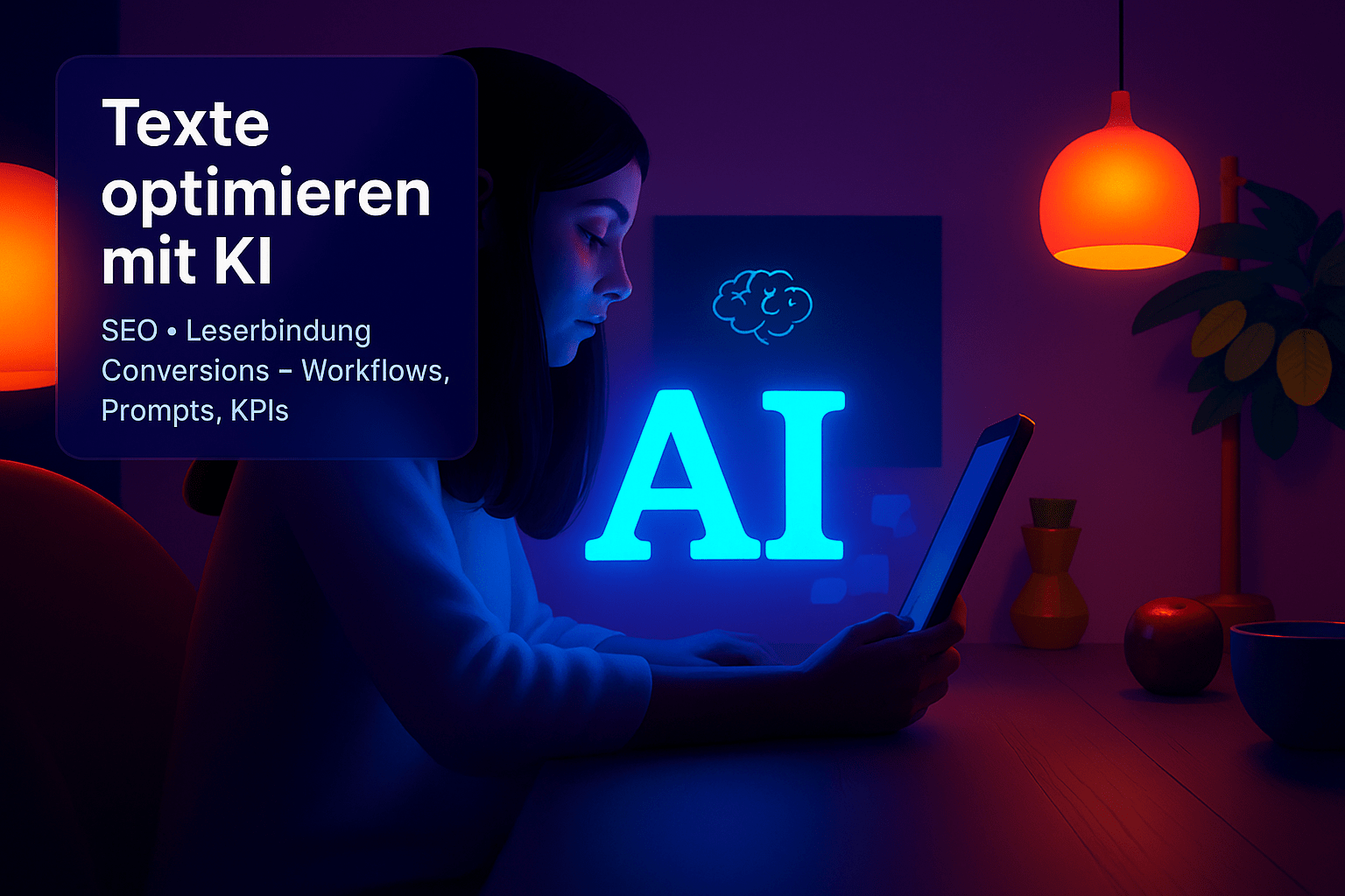 Frau mit Laptop in einem gedimmten Raum, die an einem Text arbeitet; Hintergrund zeigt leuchtende Buchstaben "AI" und Symbol für künstliche Intelligenz. Beleuchtung in warmen Farben, gefüllt mit modernen dekorativen Objekten.