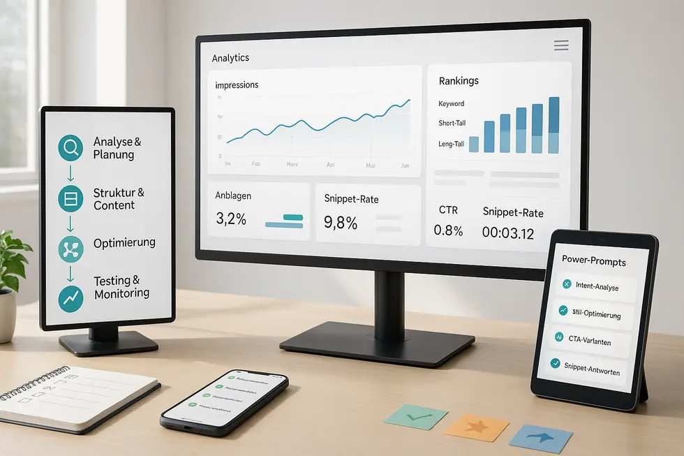 Dashboard zur Analyse von SEO-Leistungskennzahlen mit grafischen Darstellungen von Impressionen, Rankings und Snippet-Raten auf mehreren Bildschirmen und einem Tablet sowie Notizbuch und Smartphone auf einem Tisch, moderne Benutzeroberfläche.