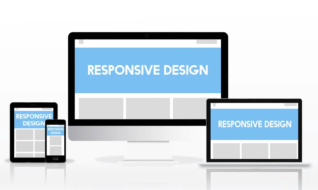 Moderne Geräte zeigen verschiedene Layouts für responsive Webdesign. Auf dem Desktop, Laptop, Tablet und Smartphone wird das Design jeweils angepasst, um Benutz
