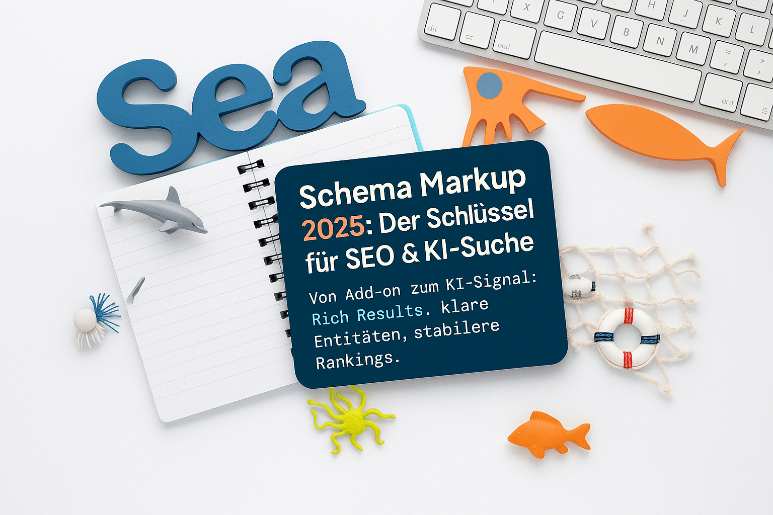 Blätter und bunte Objekte im maritimen Stil, darunter ein Delfin, ein Fisch und eine Sonne, auf einem Tisch. Ein Notizbuch mit dem Titel „Schema Markup 2025: Der Schlüssel für SEO & KI-Suche“ ist in der Mitte platziert.