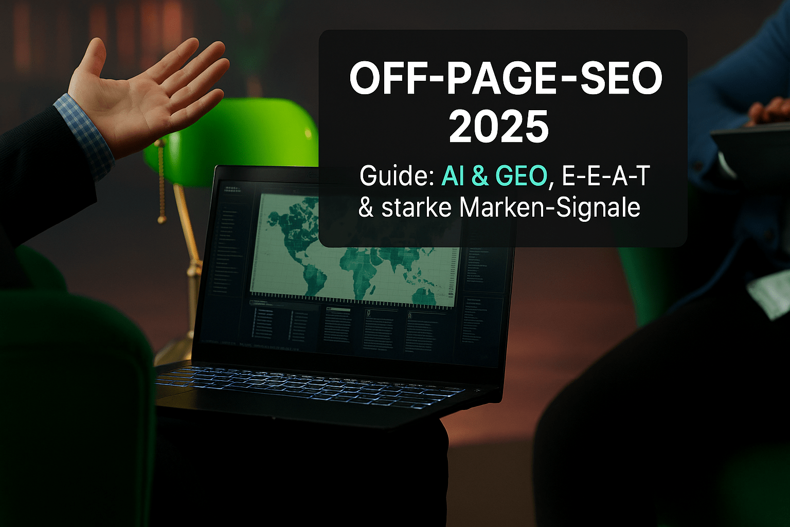 Laptop mit einer Weltkarte und Datenansicht, während ein Mann mit einer Hand gestikuliert, um über Off-Page-SEO 2025, einschließlich AI, GEO, E-E-A-T und Marken-Signalen, zu sprechen.