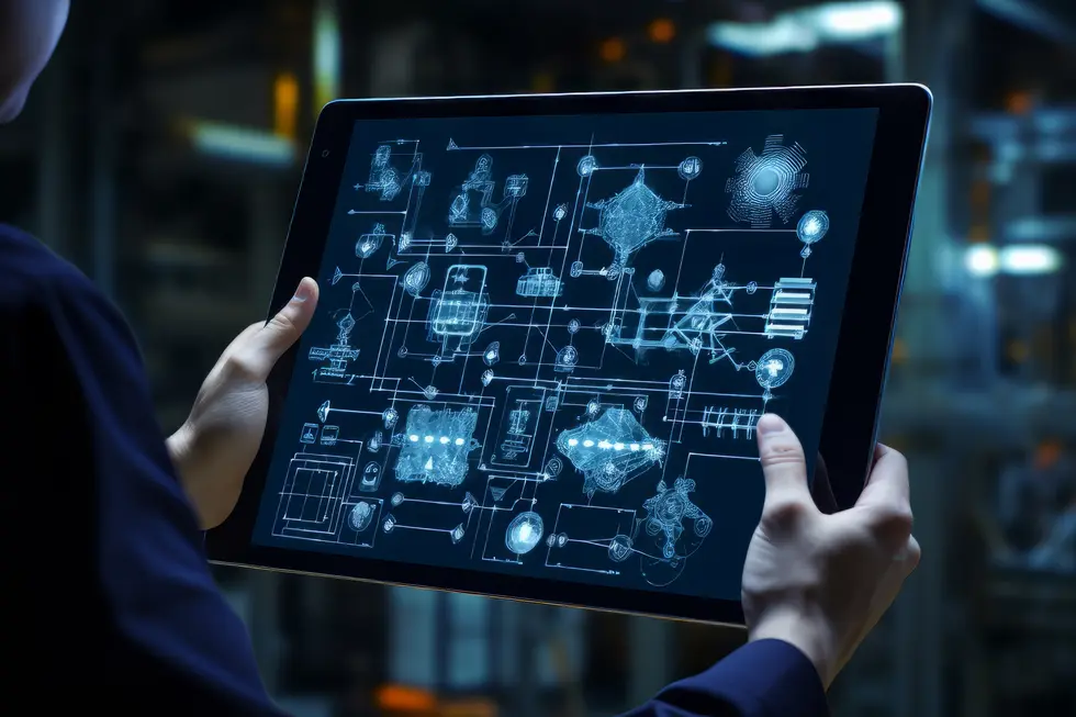 Person hält ein Tablet, das technische Grafiken und Diagramme zeigt, die komplexe Daten und Systeme visualisieren. Die Darstellung in leuchtendem Blau auf schwarzem Hintergrund deutet auf moderne Technologien hin, möglicherweise im Kontext von Ingenieurwesen oder IT.