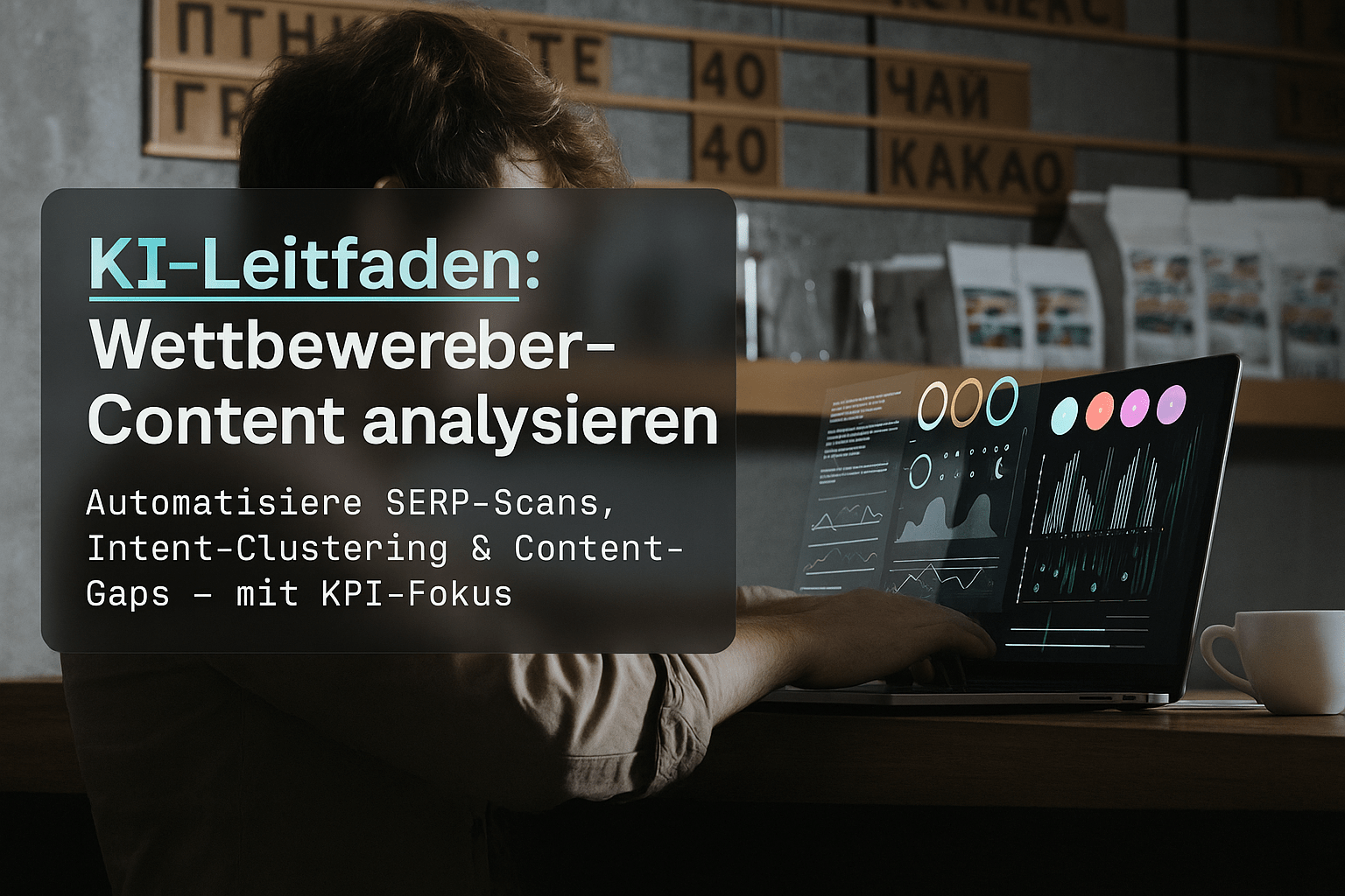 KI-gestützter Leitfaden zur Wettbewerber-Content-Analyse auf Laptop, der SERP-Scans, Intent-Clustering und Content-Gap-Detection zeigt. Anwendungsbeispiel für datengestützte Marktanalyse in einem modernen Café-Umfeld.