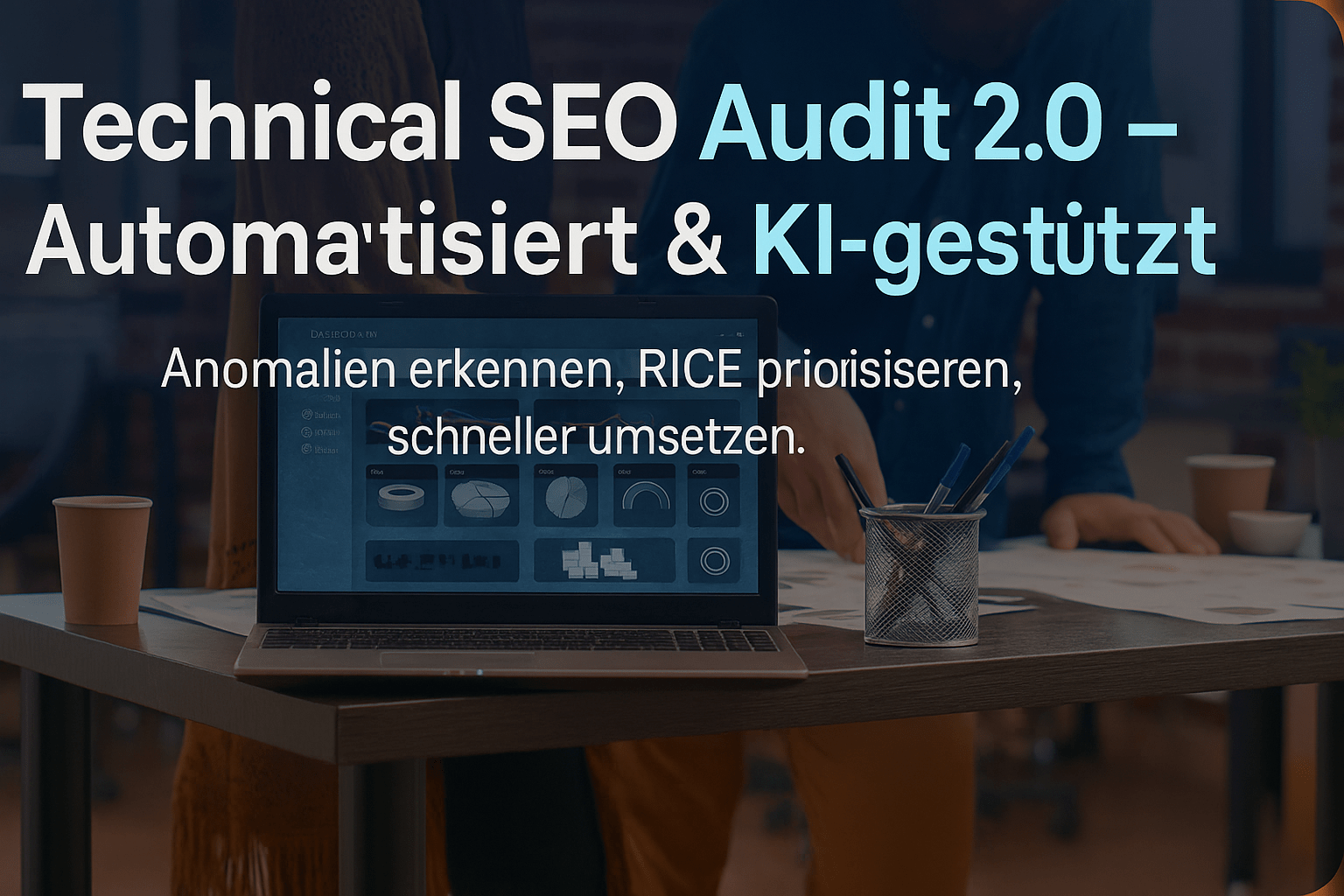 Laptop mit Dashboard-Anzeige für Technical SEO Audit 2.0 und Kaffetasse auf einem Tisch in einem Büro.