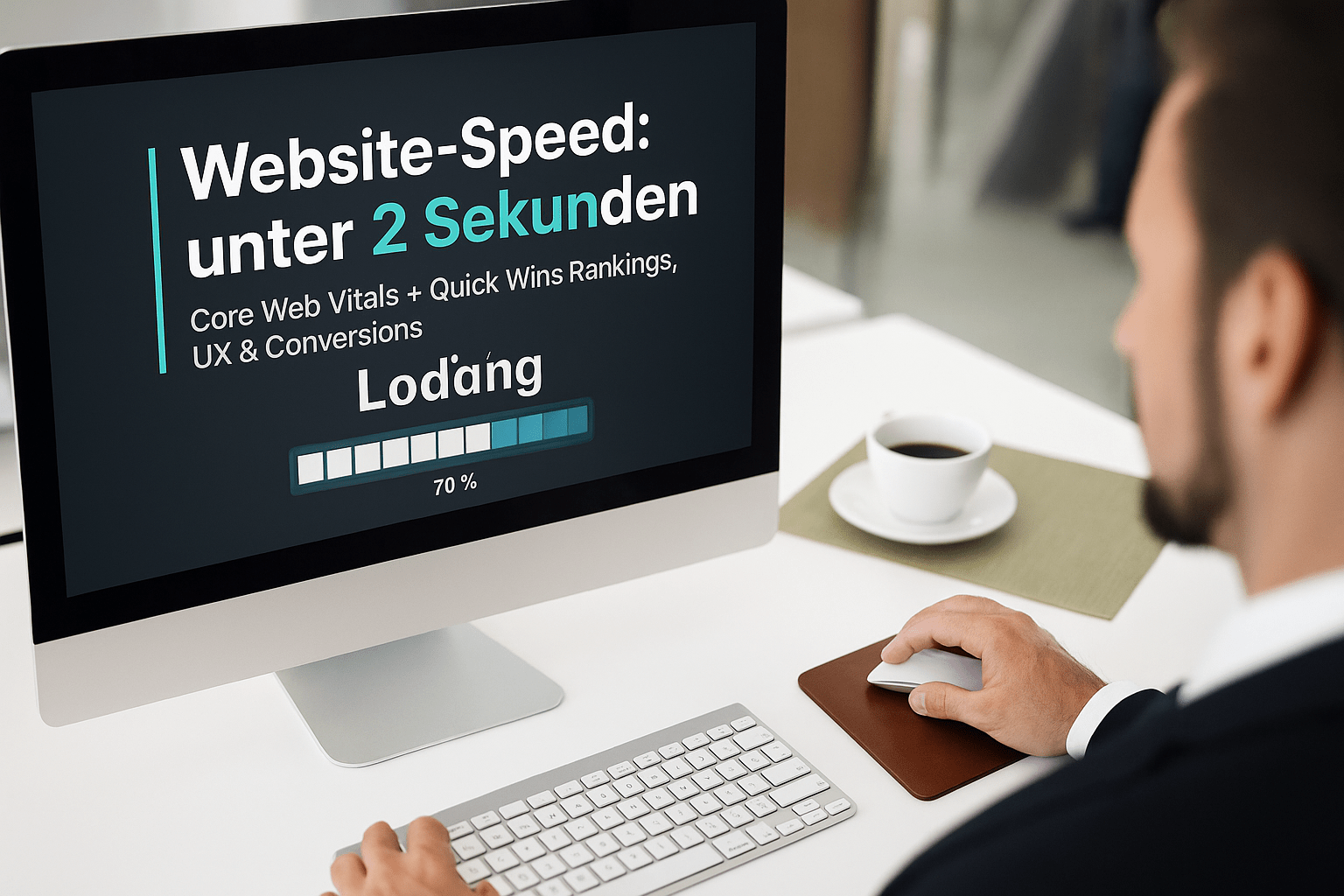 Website-Optimierung für mobile Nutzer: Bildschirm mit Ladeanzeige zeigt Fortschritt von 70% für Ladezeit unter 2 Sekunden. Text umfasst wichtige Informationen zu Core Web Vitals, Quick Wins, Rankings, Nutzererfahrung und Conversion-Optimierung.