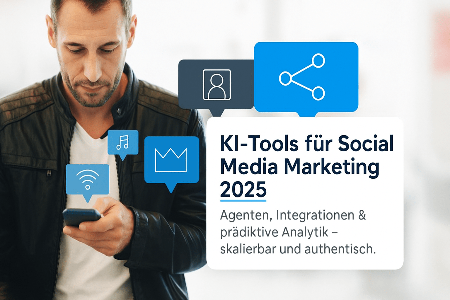 Mann mit Smartphone blickt auf Bildschirm, umgeben von Symbolen für KI-Tools im Social Media Marketing, darunter Musik, WLAN und Analytik-Icons. Text: "KI-Tools für Social Media Marketing 2025 – Agenten, Integrationen & prädiktive Analytik – skalierbar und authentisch.