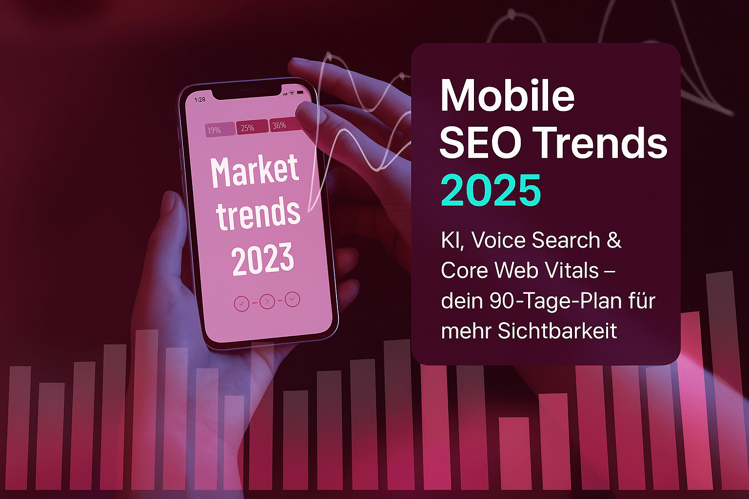 Smartphone in der Hand zeigt „Market trends 2023“ auf dem Bildschirm, umgeben von Diagramm-Elementen und Text zu „Mobile SEO Trends 2025“ mit Fokus auf KI, Voice Search und Core Web Vitals.