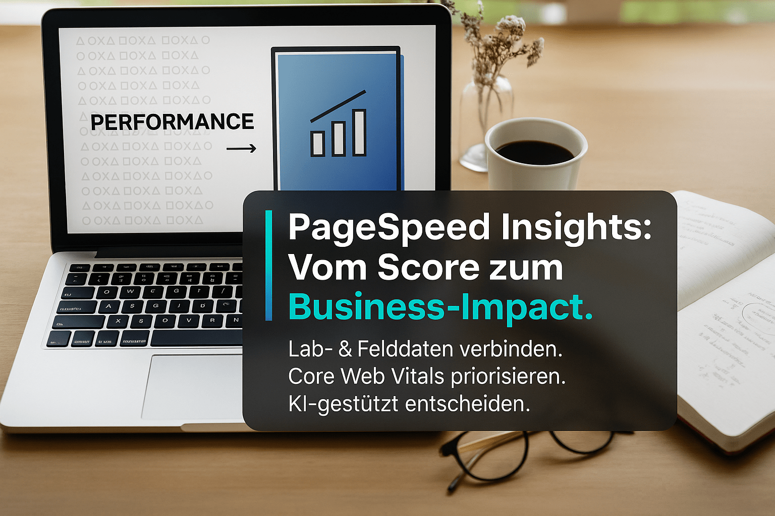 Laptop mit Bildschirm, der den Titel "PageSpeed Insights: Vom Score zum Business-Impact" zeigt, umgeben von einer Tasse Kaffee und Notizen. Inhalte zu Lab- und Felddaten sowie Core Web Vitals.