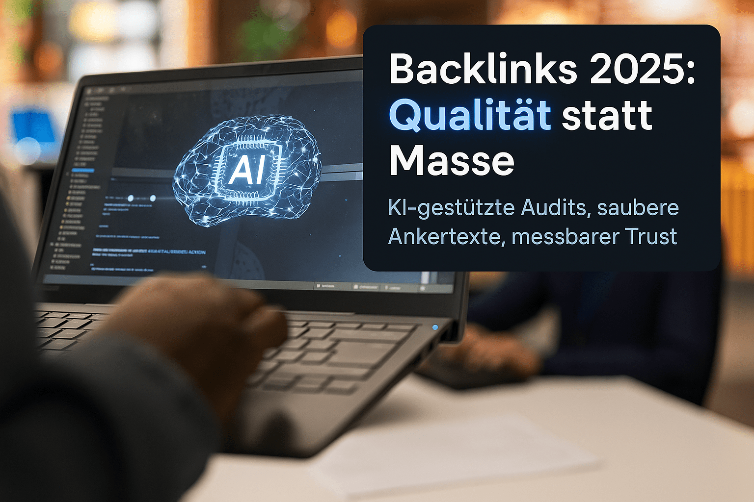 Laptop mit sichtbarem Bildschirm, der die Worte „Backlinks 2025: Qualität statt Masse“ und eine grafische Darstellung von AI zeigt. Eine Hand tippt auf die Tastatur, während im Hintergrund eine unscharfe Person zu sehen ist.
