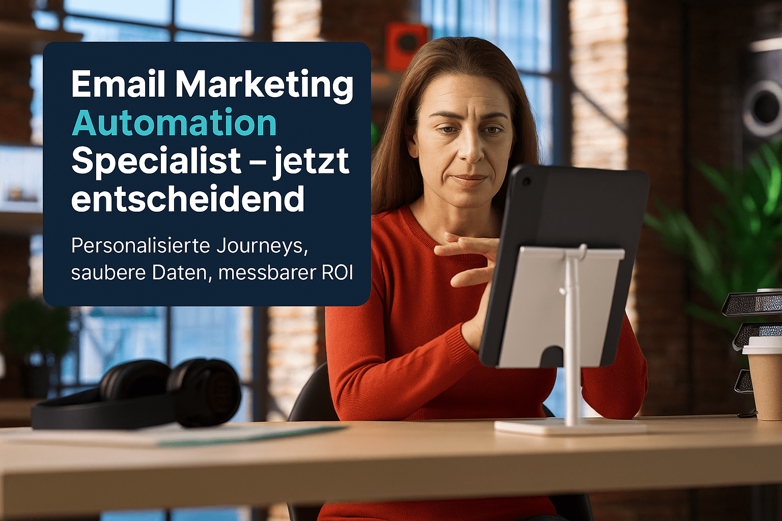 Frau arbeitet an einem Tablet, umgeben von modernen Büromöbeln und Pflanzen; visueller Fokus auf das Thema E-Mail-Marketing-Automation mit einem Hinweis auf personalisierte Journeys, saubere Daten und messbaren ROI.