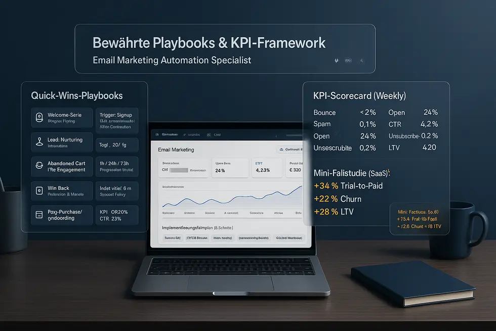 Isometrische Darstellung eines Laptop-Bildschirms mit einem Dashboard für Email Marketing Automation, das Quick-Wins-Playbooks, KPI-Scorecard und eine Mini-Fallstudie zeigt, umsetzungsorientierte Strategien für Email Marketing Automation Specialists darzustellen.