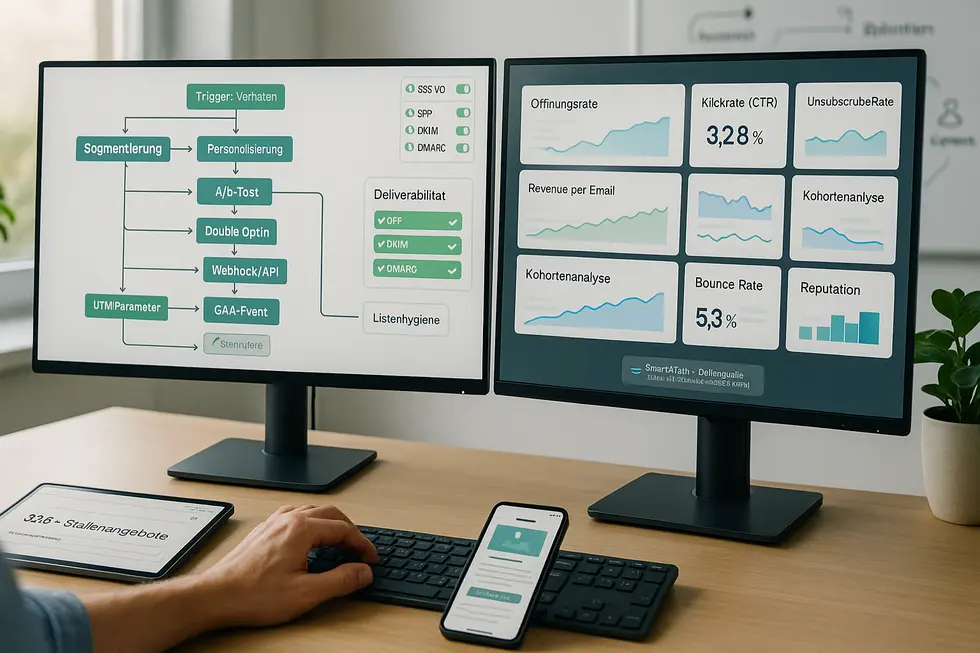Professioneller Email Marketing Automation Specialist arbeitet an mehreren Monitoren, zeigt CRM-Dashboard, E-Mail-Kampagnen-Interface und Analytics-Diagramme zur Analyse von Kennzahlen wie Open-Rate und Click-Through-Rate im modernen Büro.