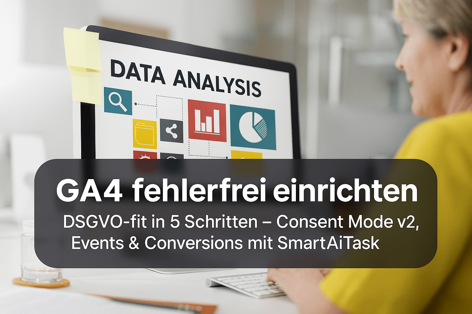 Person am Computer mit Bildschirm, auf dem "DATA ANALYSIS" und Informationen zur Einrichtung von GA4 angezeigt werden, inklusive Hinweisen zu DSGVO-Konformität und SmartAiTask.