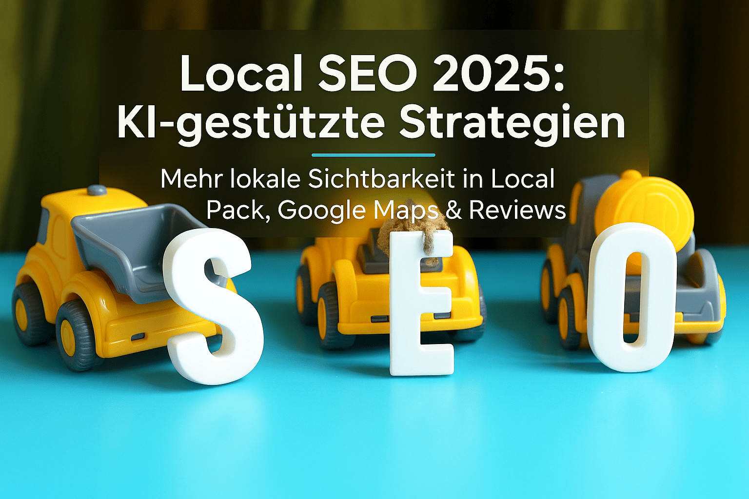Bunte Baustellenfahrzeuge mit den Buchstaben S, E und O auf einem blauen Tisch, während im Hintergrund der Titel "Local SEO 2025: KI-gestützte Strategien" und der Untertitel über lokale Sichtbarkeit angezeigt werden.