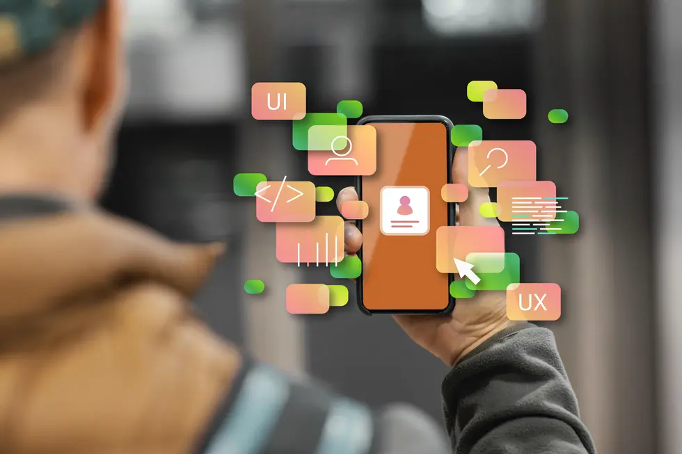 Ein UX-Designer analysiert die Benutzeroberfläche einer mobilen App auf einem Smartphone. Auf dem Bildschirm sind visuelle Elemente wie Icons und Schlagwörter zu sehen, die UX- und UI-Aspekte symbolisieren. Die Darstellung zeigt die Bedeutung von Benutzererfahrung und -interaktion in der App-Entwicklung.