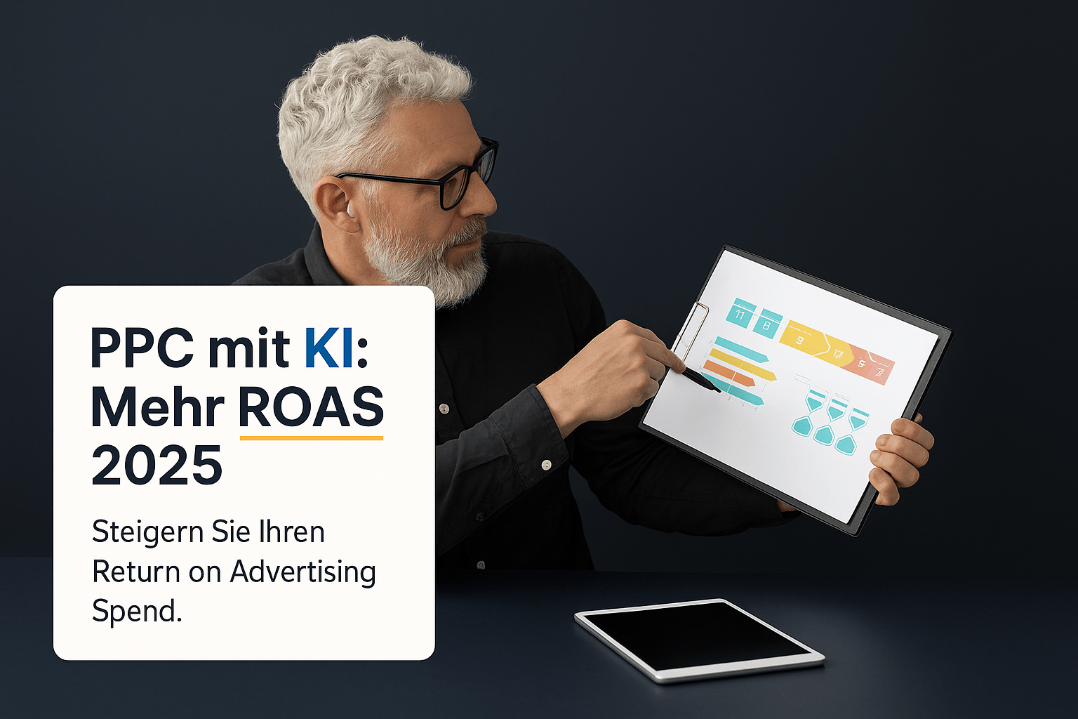 Mann mit grauem Bart und Brille zeigt auf ein Diagramm auf einem Tablet. Text auf dem Bild: "PPC mit KI: Mehr ROAS 2025. Steigern Sie Ihren Return on Advertising Spend." Hintergrund in dunkler Farbe.