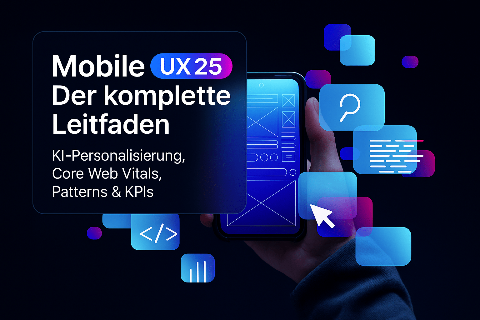 alt="Smartphone mit grafischen Elementen und Texten zu Mobile User Experience Optimierung, KI-Personalisierung, Core Web Vitals und wichtigen KPIs